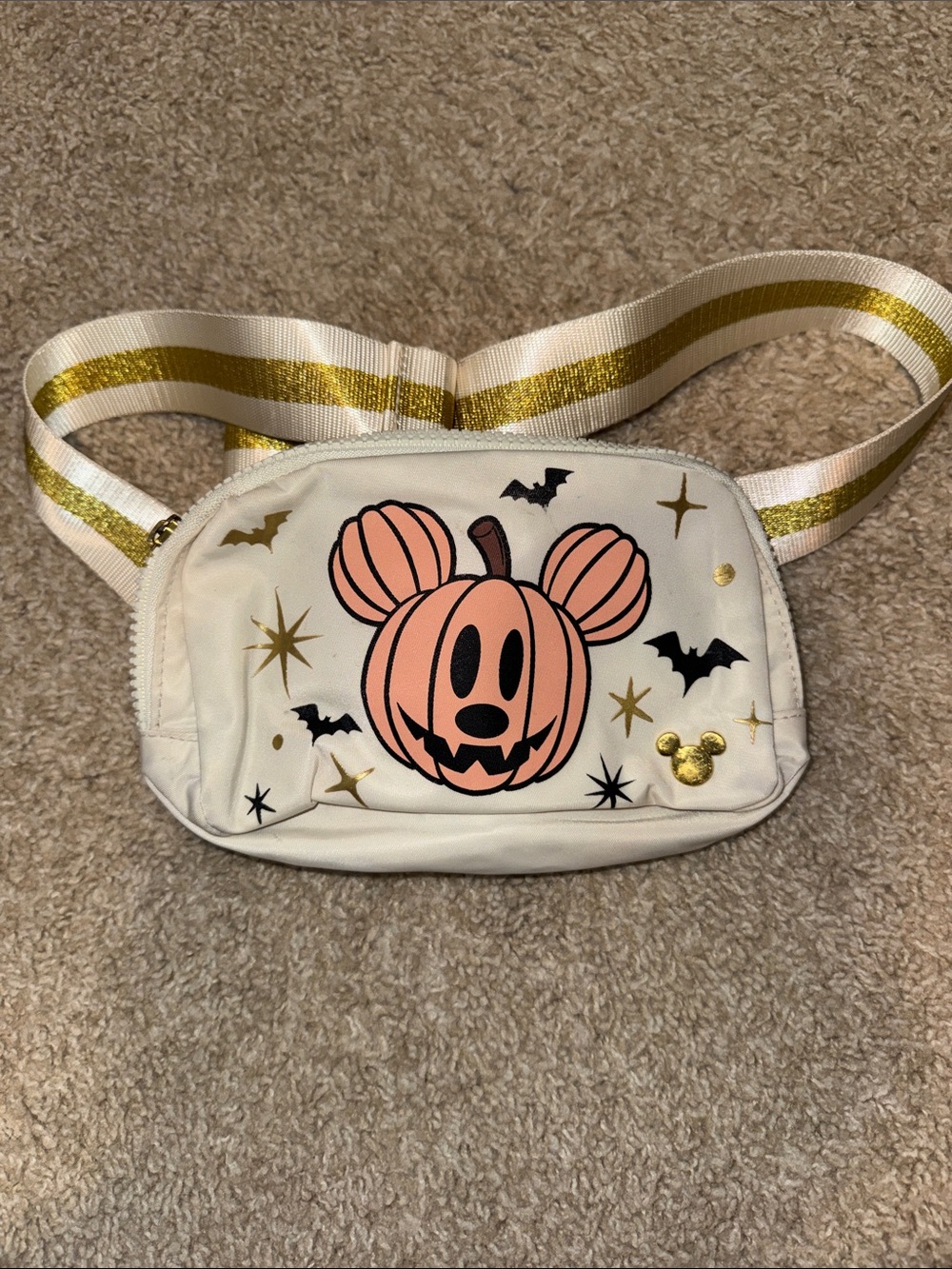 Disney White Crossbody Belt Bag with Pink Pumpkin-Mouse Graphic and Gold Accents